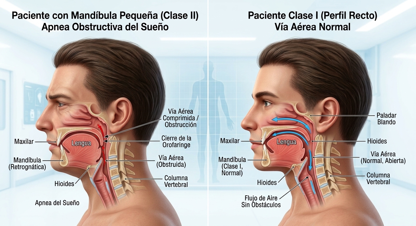 Comparación de vía aérea en perfil: paciente Clase II con mandíbula pequeña y apnea obstructiva del sueño (vía aérea comprimida detrás de la lengua) frente a paciente Clase I con perfil recto y vía aérea normal y abierta